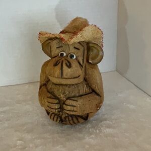 Wooden Monkey Figurine with Straw Hat tiki coconut head